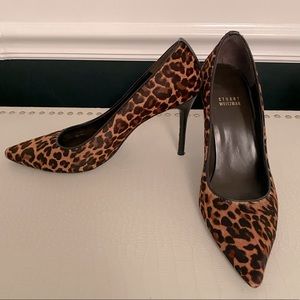 Stuart Weitzman Pipe Nouveau Pointed Toe Stiletto Heel Calf Hair Leopard Print